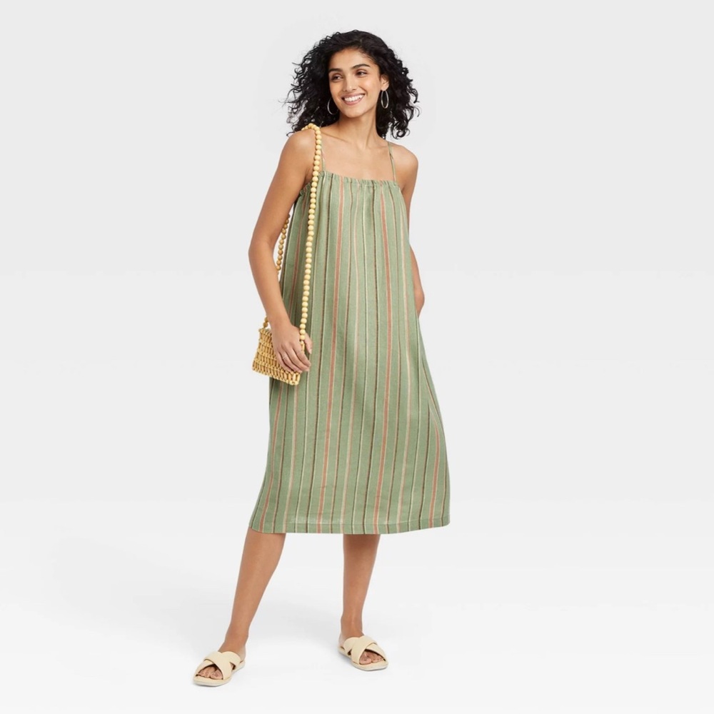 A New Day Green and Pink Striped Linen Blend Dress